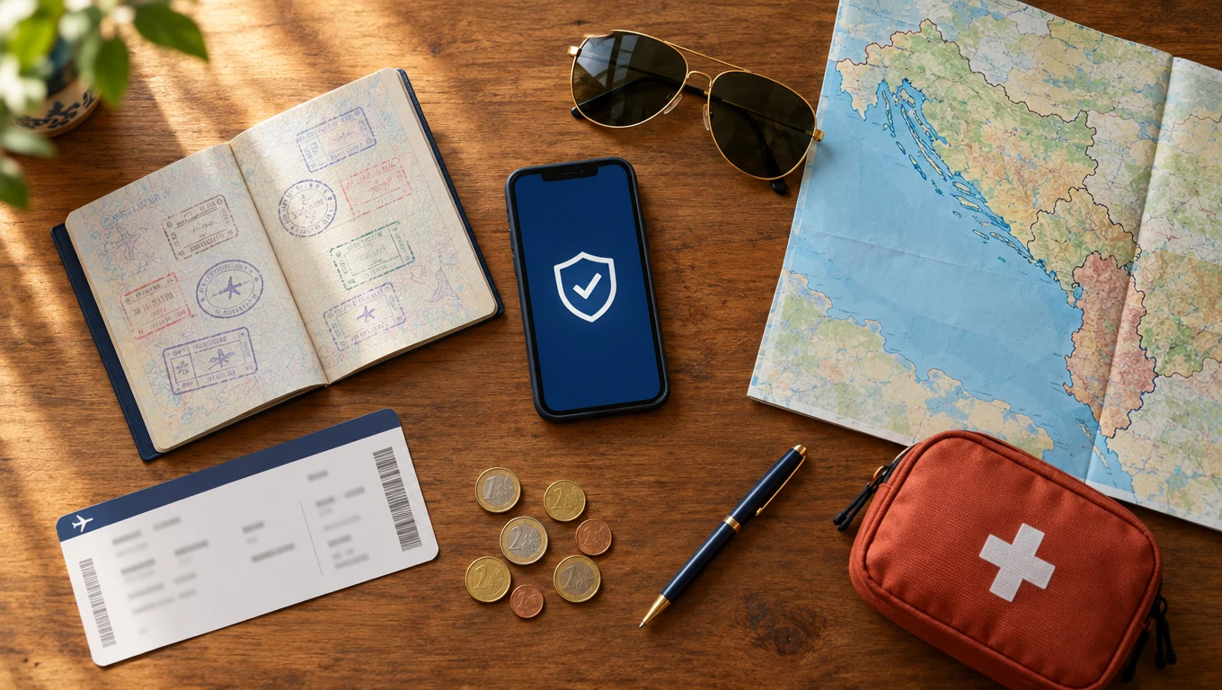Travel insurance documents and passport on a map of the Balkans