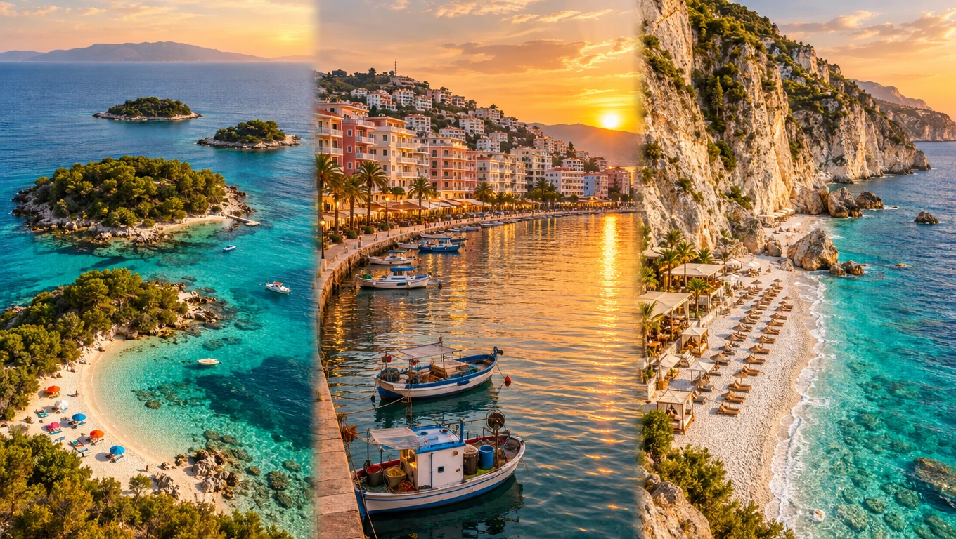 Split view of turquoise water at Ksamil islands, Sarandë promenade at sunset, and Dhërmi white-pebble beach below limestone cliffs