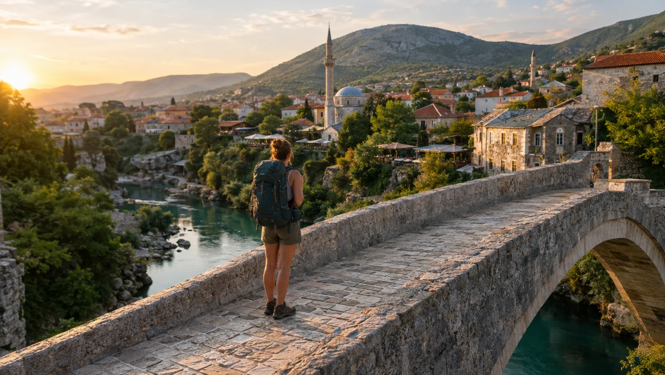 Backpacker on the Stari Most bridge in Mostar at golden hour above the Neretva river