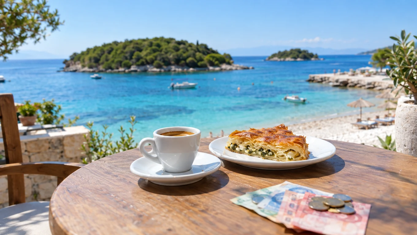 Espresso, byrek and Albanian lek on a café table overlooking Ksamil bay