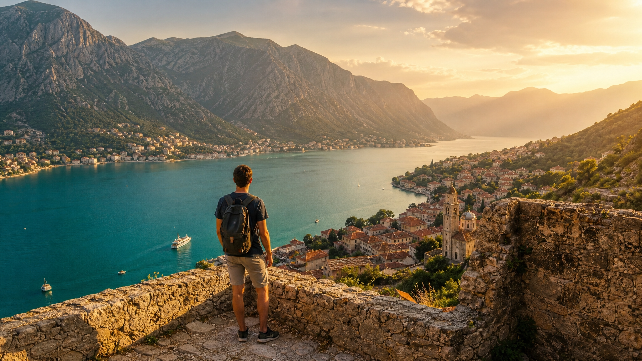 Golden hour panorama of a Balkan coastal old town