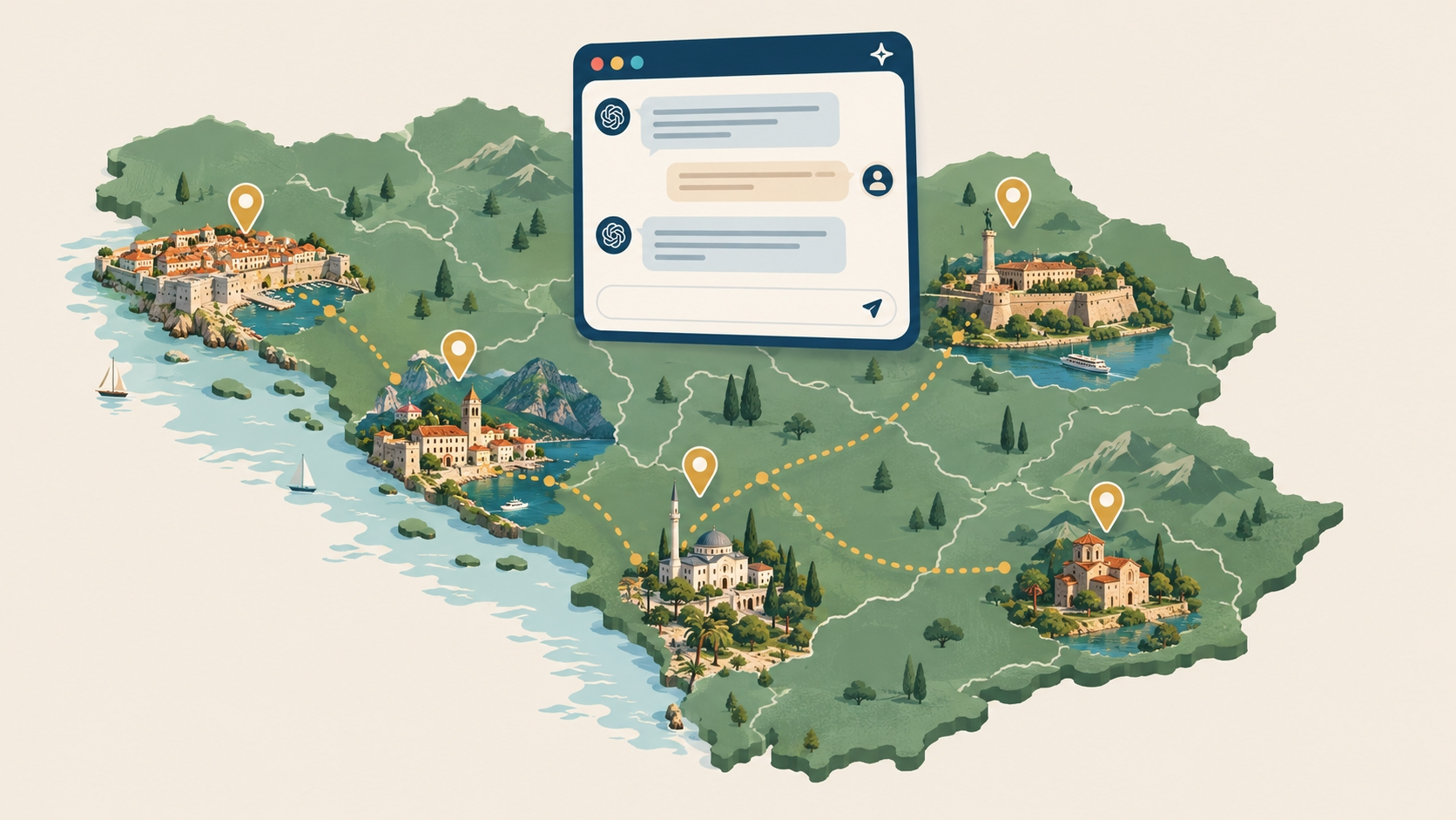 Illustrated Balkans map with route pins and chat interface