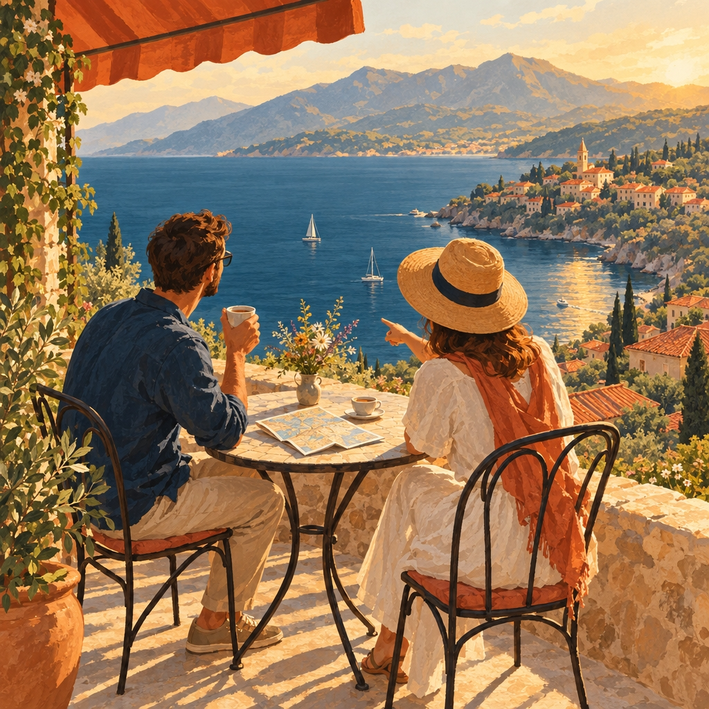 Two travelers at a café overlooking a Mediterranean bay