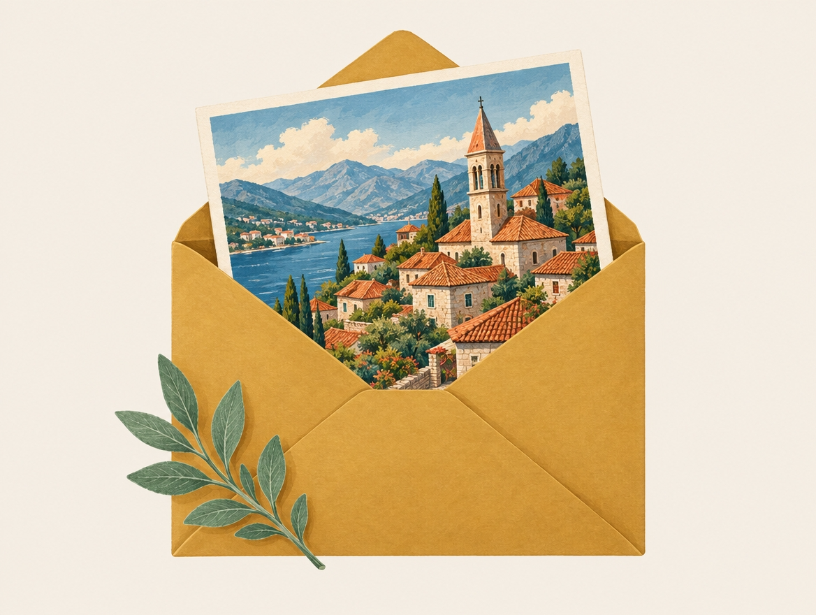 Gold envelope with Balkan postcard